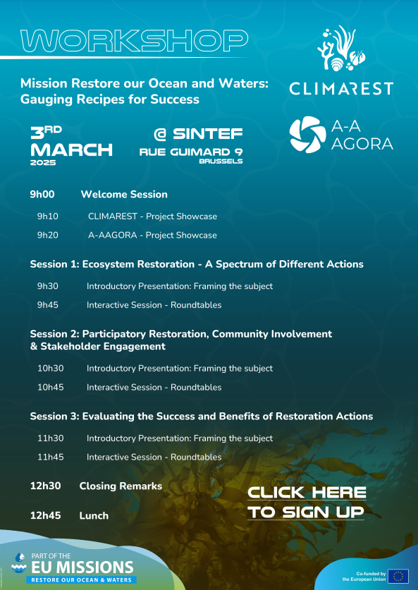 climarest's tweet image. Joint #workshop with @climarest and @A_AAgoraProject during #EuropeanOceanDays in Brussels: Gauging Recipes for the Success of Marine Restoration. Join us to share your perspectives!

📆 03 March
👇 Registration (limited spaces available)
lnkd.in/dPRFddwU

@OurMissionOcean