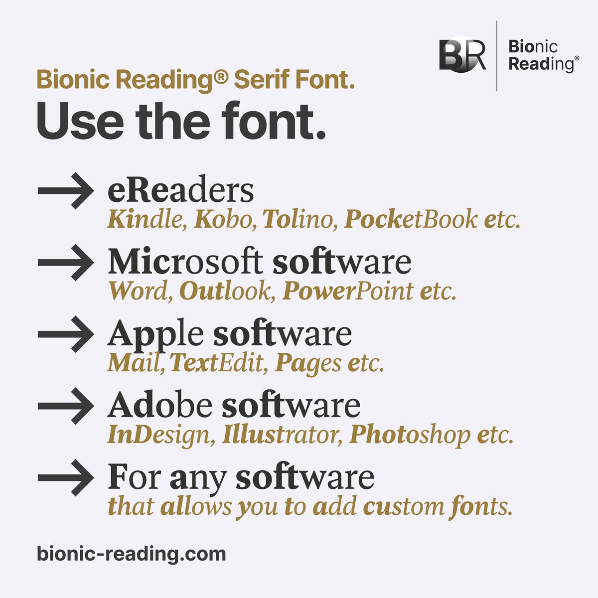 bionicreading's tweet image. New Font: Bionic Reading® Serif🇨🇭

The Bionic Reading® Fonts are more software than just fonts.

Our fonts for YOU
➔ Bionic Reading®
➔ Bionic Reading® Serif
➔ Bionic Reading® Bundle

Get the Bionic Reading® Fonts here.
👉 reader.bionic-reading.com/en/products/fo…

—
Bionic Reading®
Made in🇨🇭
—