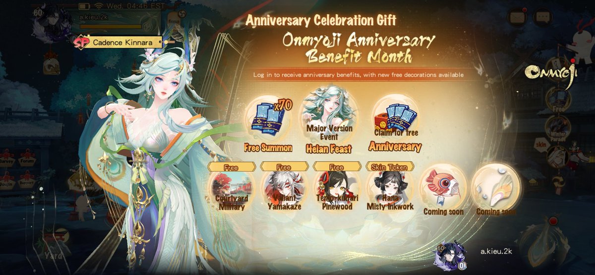 Celebrate the spring with 70 free summoning attempts on login. More benefits await. Enjoy the #HeianFeast with #CadenceKinnara and #SunnyHiyoribou.