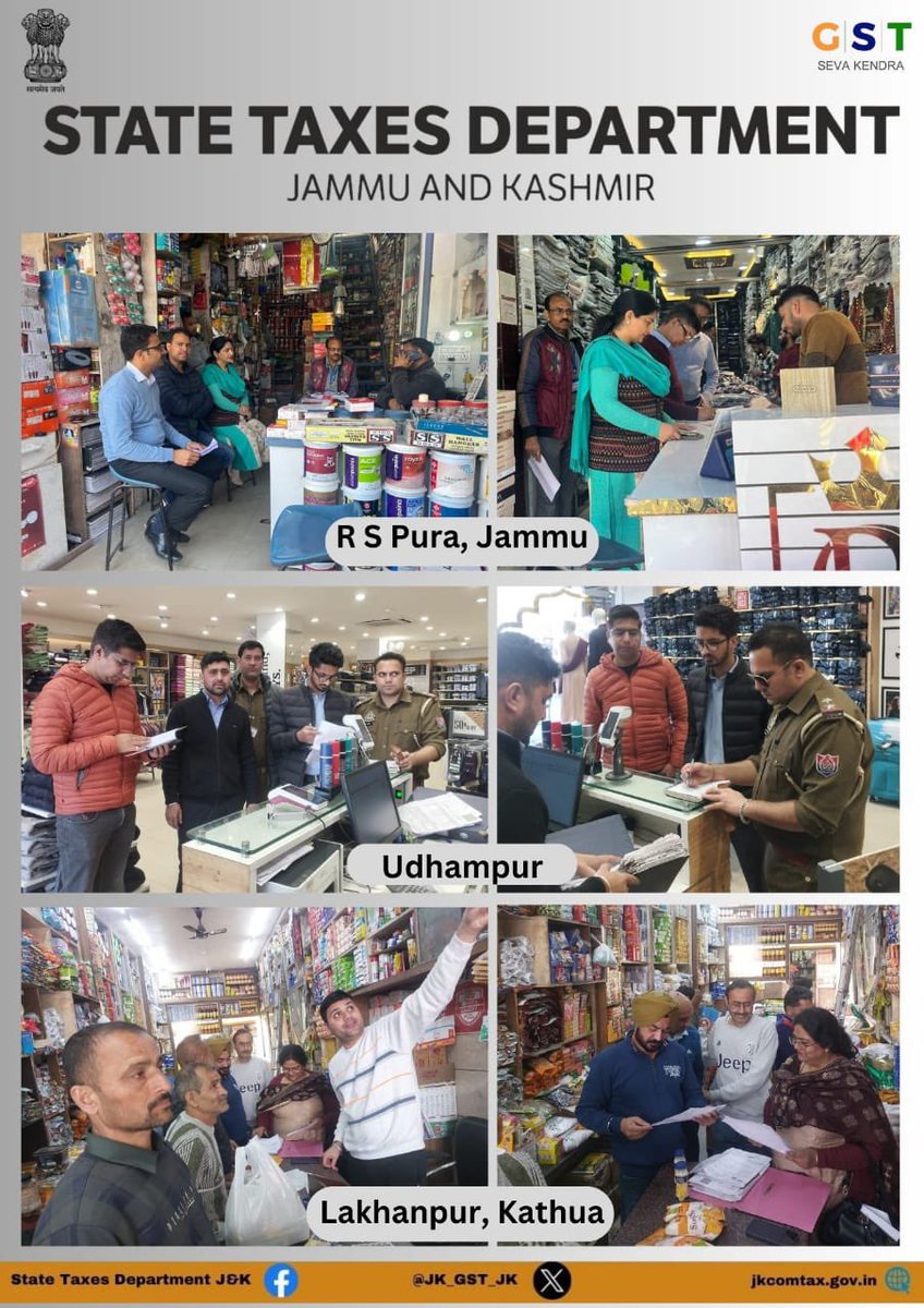 J&K State Taxes Department (@jk_gst_jk) on Twitter photo Enforcement Teams under the guidance of Commissioner State Taxes, PK Bhat, JKAS, & Additional Commissioner (Adm. & Enf.) Jammu <a href="/Hinamrita1974/">Namrita Dogra</a> conducted inspections in Jammu, Udhampur and Kathua districts to check sales suppression and other GST violations.
<a href="/PIBSrinagar/">PIB in Jammu Kashmir & Ladakh</a> <a href="/diprjk/">Information & PR, J&K</a> Enforcement Teams under the guidance of Commissioner State Taxes, PK Bhat, JKAS, & Additional Commissioner (Adm. & Enf.) Jammu <a href="/Hinamrita1974/">Namrita Dogra</a> conducted inspections in Jammu, Udhampur and Kathua districts to check sales suppression and other GST violations.
<a href="/PIBSrinagar/">PIB in Jammu Kashmir & Ladakh</a> <a href="/diprjk/">Information & PR, J&K</a>