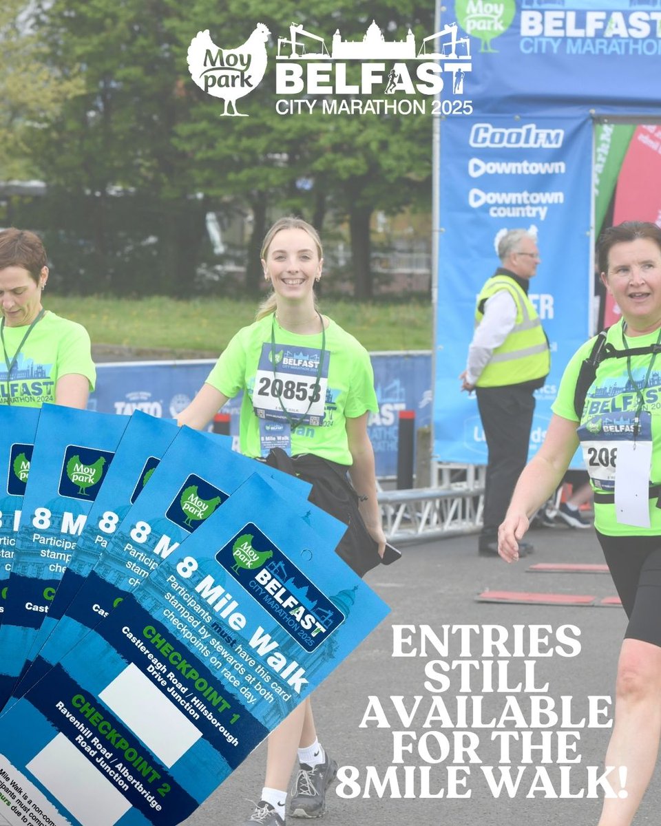Did you miss out on a place in the Moy Park Belfast City Marathon or Team Relay...?

You can still get involved in the race day atmosphere by taking on the 8-Mile Walk 👟✨

Sign up now at
belfastcitymarathon.com/events/8-mile-… 📲

#MoyParkMiles #NourishTheWinWithin #Belfast #8MileWalk