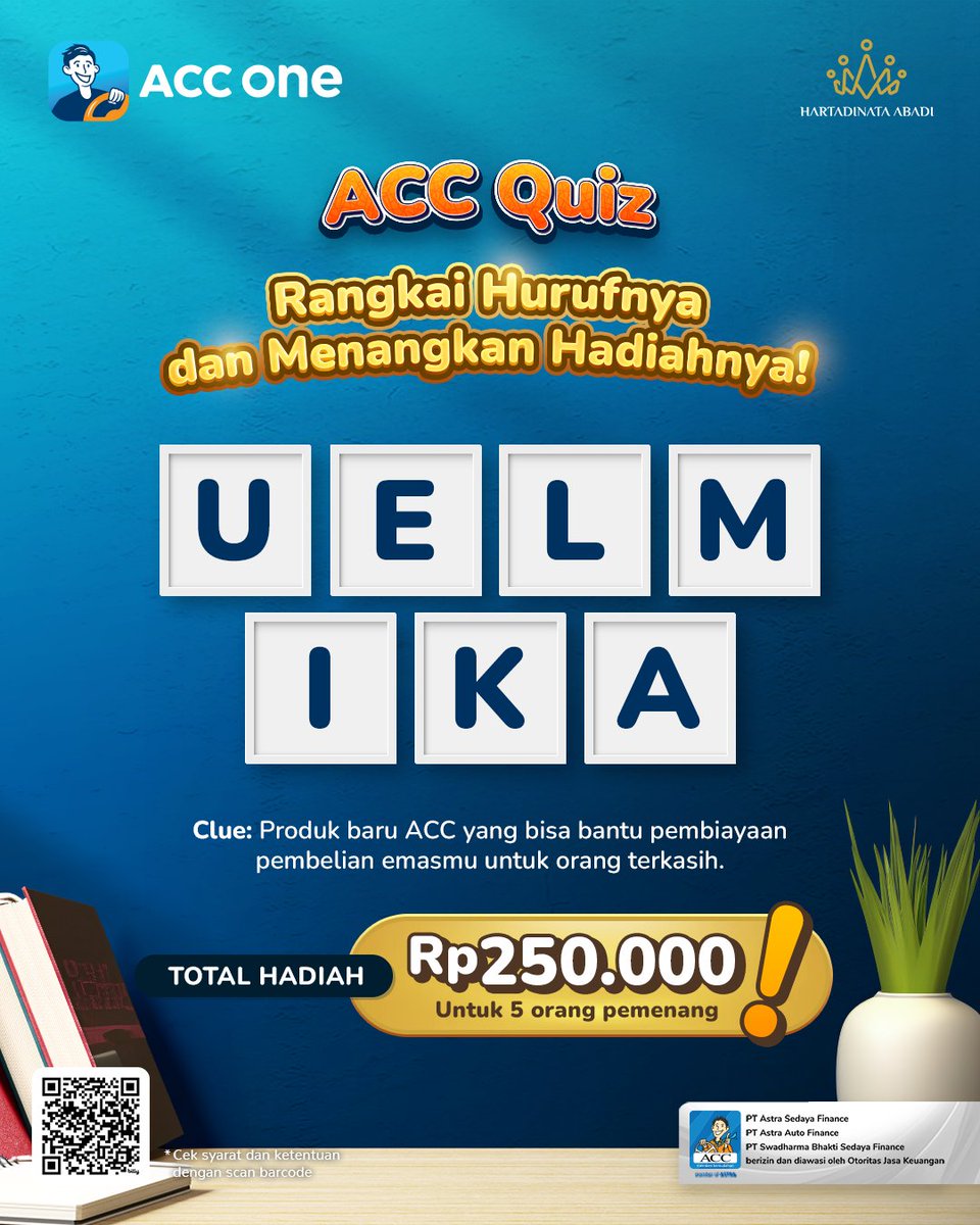 acconeid's tweet photo. ๐ QUIZ TIME WITH ACC! ๐
Tulis jawabannya di komentar sebanyak-banyaknya, dan rebut hadiah Rp 250.000! ๐
#MiniQuiz #MiniGames #QuizIndo #InfoKuis #InfoBagiHadiah #KuisBerhadiah #Giveaway #giveawayinfo #giveawayupdate #infogiveaway #quiz https://t.co/z795M8aWPh