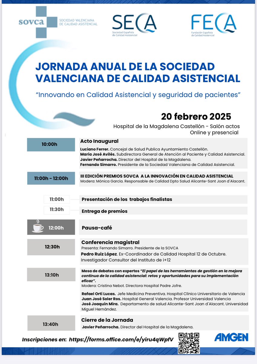 🔊 Nos vemos mañana en la Jornada anual de la Sociedad Valenciana de #CalidadAsistencial

🗓️ 20 de febrero, a las 10:00h

📍Salón de actos de  <a href="/GVAHLaMagdalena/">GVA La Magdalena</a> Castellón