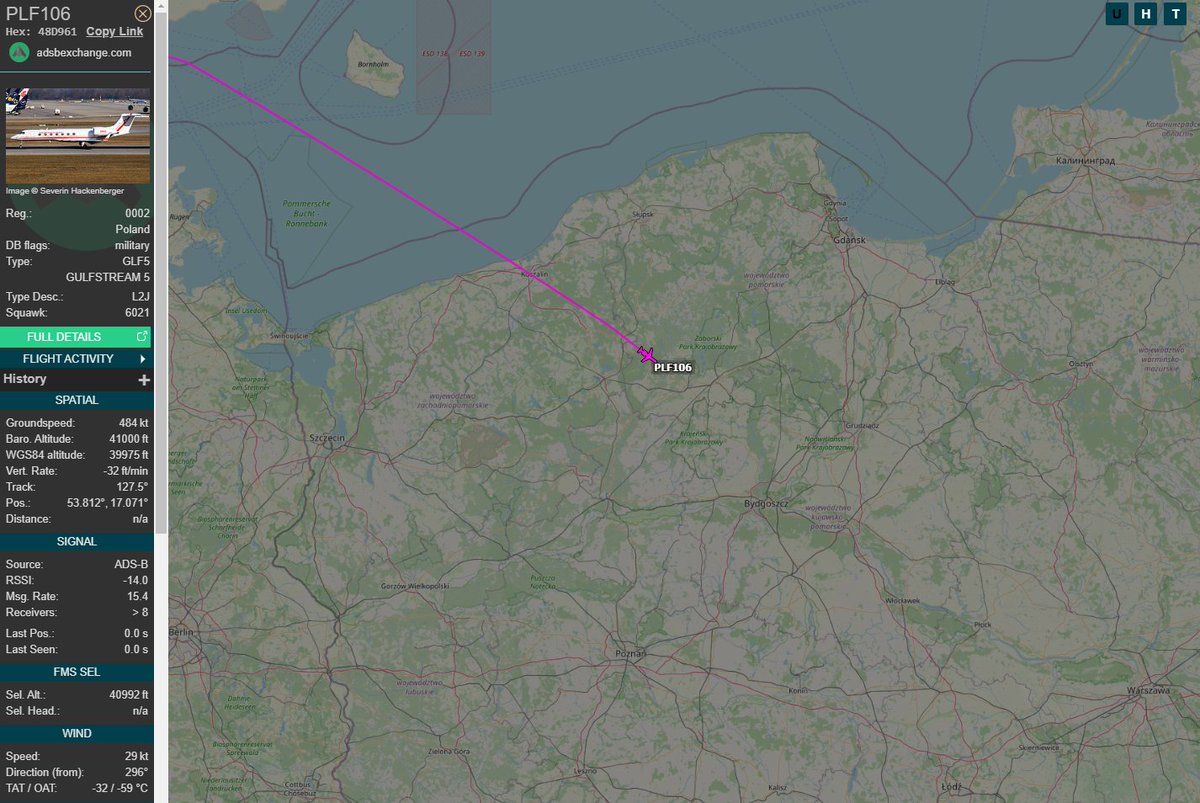 PolishMilRadar's tweet photo. ⌚️ 19.02 10:48LT

🇵🇱 Siły Powietrzne RP
✈️ Gulfstream G550 "0002"
#PLF106 leci na FL410
🛫 Savannah #KSAV
🛬 Warszawa #EPWA
🔗https://t.co/Rwu3RbrF5J

#POLMILRADAR https://t.co/8jxFmyGUfP