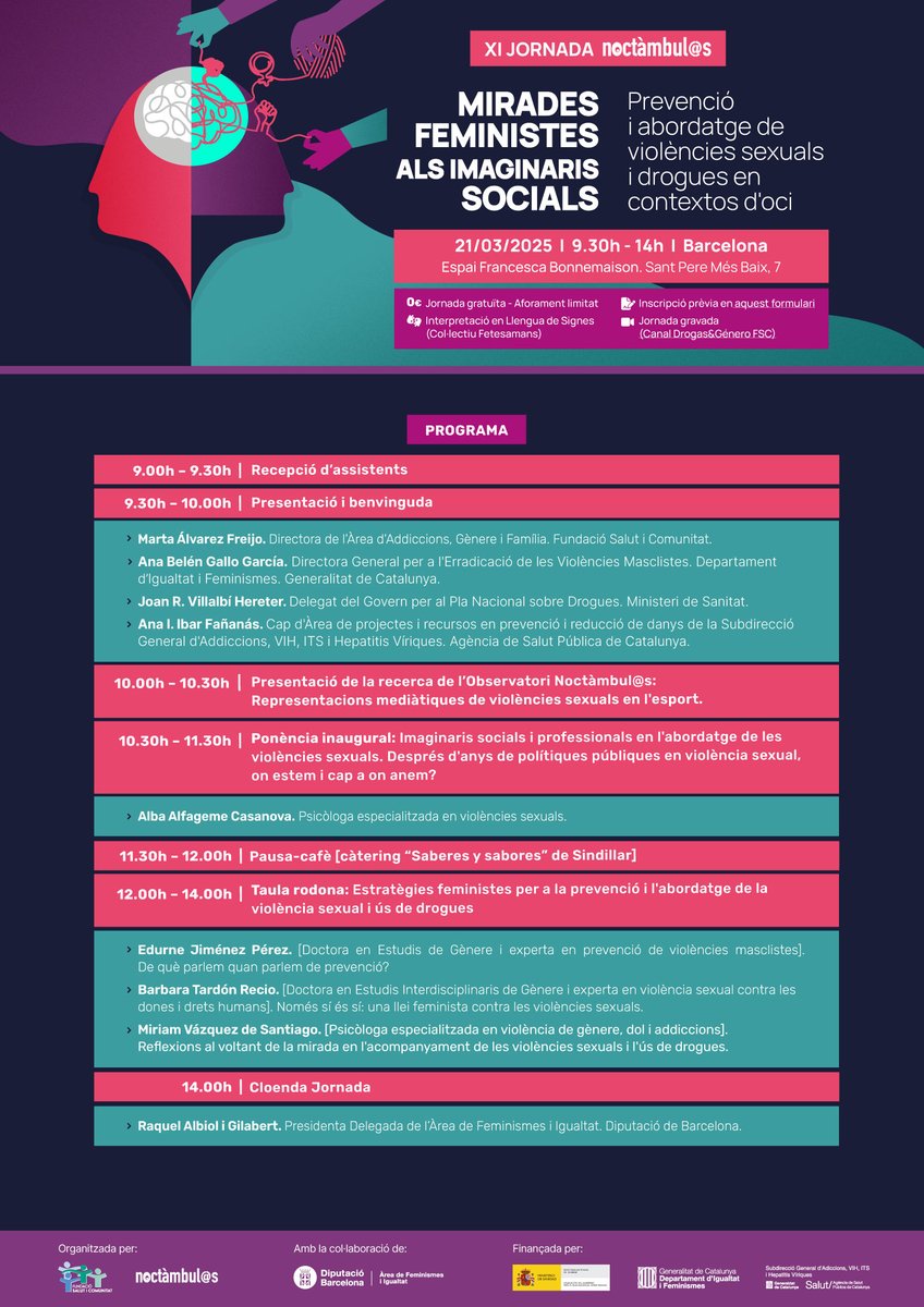 🔭Mireu quin súper programa!
Iniciaran <a href="/Martaal1974/">Marta Alvarez</a> de <a href="/fundsalcom/">Fundación Salud y Comunidad</a>,Belén Gallo d'<a href="/igualtatcat/">Igualtat i Feminisme</a>, Joan R. Villalbí de <a href="/PNSDgob/">Plan Nacional Sobre Drogas</a> i <a href="/anaibarf/">Ana I. Ibar</a> de SGA @qdefesta 

⚽️Presentarem el nou informe sobre relats mediàtics de VS en l'esport de <a href="/ObsNoctambulas/">Observatorio Noctámbul@s</a> realitzat per <a href="/CastellsLau/">Laura Castells Ricart</a>
