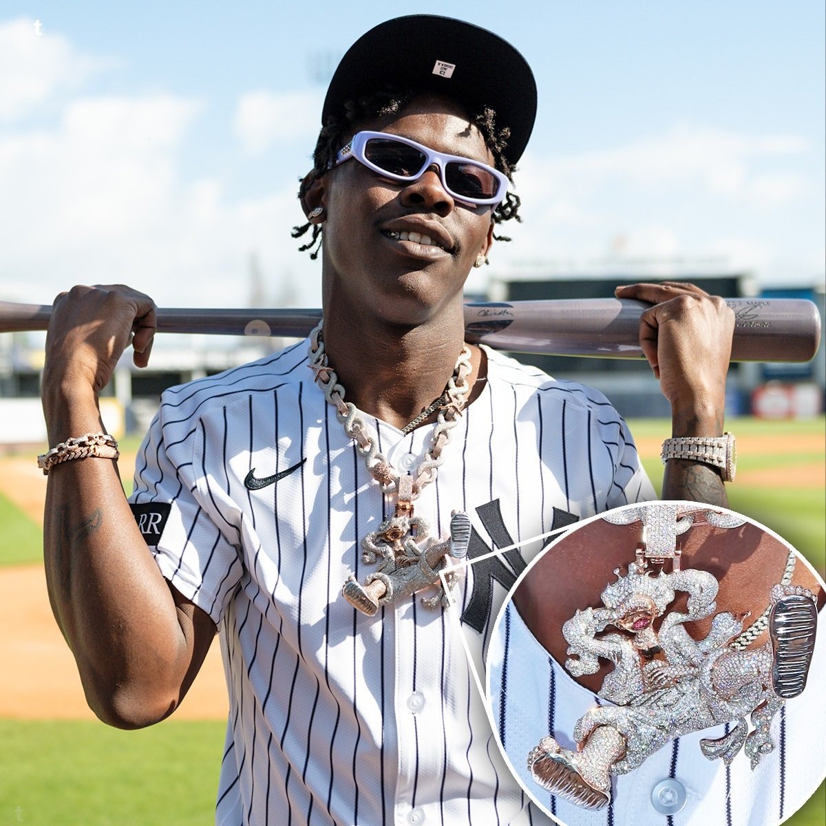 pewpiece's tweet photo. MLB’s official account (12.3M followers) shared a photo of Yankees’ Jazz Chisholm Jr. wearing a Gear 5 Luffy necklace on photo day! ⚾️🔥 https://t.co/tosfOvMQHz