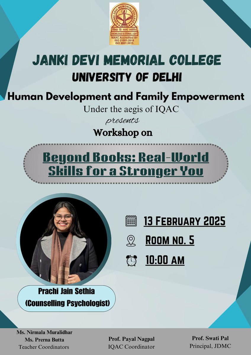 hdfe_jdmc's tweet photo. The Dept. of HDFE successfully organized a workshop on Beyond Books: Real-world Skills for a Stronger You on 13th Feb 2025!.

Insightful session by Ms. Prachi Jain Sethia (Counselling Psychologist)
#LifeSkills #BeyondBooks @CollegeJanki https://t.co/SphYG7r0yN