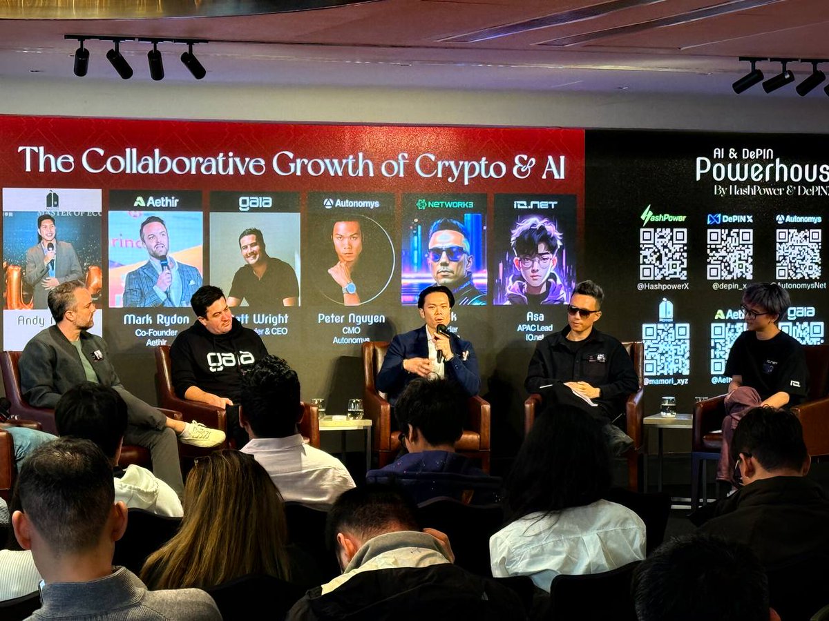 AutonomysNet's tweet photo. Building trust in Open &amp; Collaborative AI systems in Web3 requires being surrounded by talent such as:
💠 @MRRydon x @AethirCloud
💠 @mateo_ventures x @Gaianet_AI
💠 @RockNetwork3 x @network3_ai
💠 @TheAntiApe x @ionet
💠 @Peter_NXI x Autonomys
Thanks @HashpowerX &amp; @depin_x 🎊 https://t.co/PGyTOscuwZ