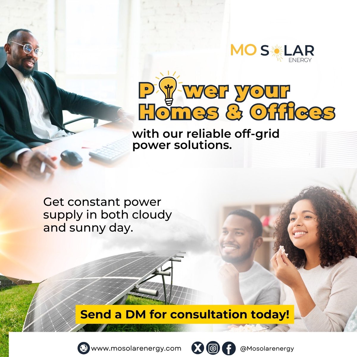 Mosolarenergy's tweet image. Tired of power outages disrupting your life or business? Our reliable off-grid power solutions keep your homes and offices running smoothly, rain or shine.

#solarenergy #offgridsolar #constantpower #poweroutage #solarsystem #mosolarenergy #consultation