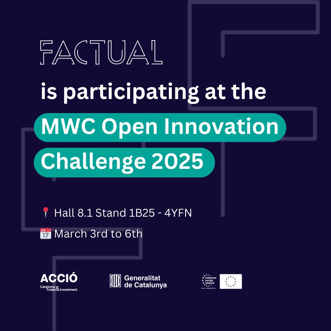 🚀 FACTUAL is joining the Open Innovation Challenge at #MWC25 in Barcelona! 🚀

We’ll be showcasing FACTUALIZER, our blockchain-powered solution for secure mobility data certification, with live demos!

📅 Book a meeting 👉 …-innovation-challenge-2025.b2match.io/my