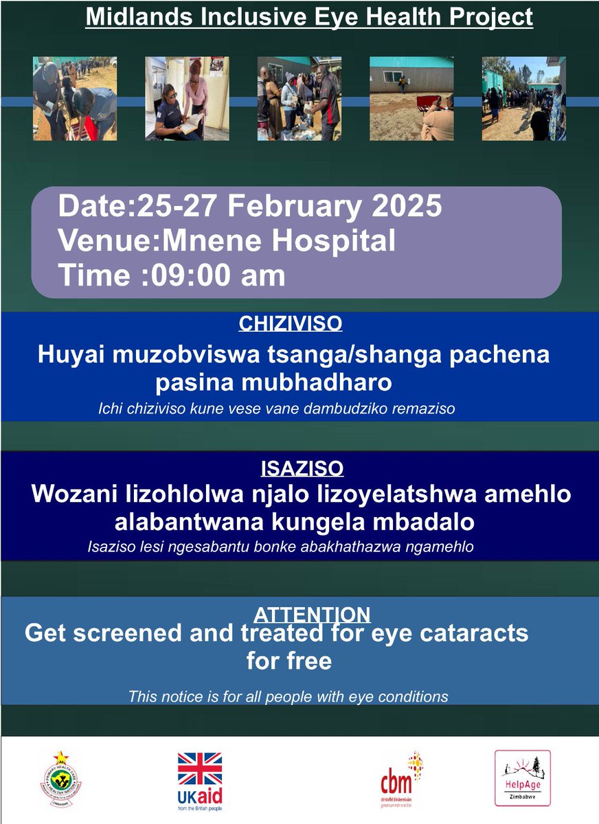 Zimbabwe Association of Church-Related Hospitals (@assoczach) on Twitter photo Are you or someone you know struggling with #cataracts? Here’s your chance to restore your #vision—**completely FREE! Munene Hospital is hosting a special 3-day #cataractsurgery camp to help our community see the world clearly again.
<a href="/UKaid/">UK aid</a> <a href="/MoHCCZim/">Ministry of HealthZW</a>
#ClearVision #HealthForAll Are you or someone you know struggling with #cataracts? Here’s your chance to restore your #vision—**completely FREE! Munene Hospital is hosting a special 3-day #cataractsurgery camp to help our community see the world clearly again.
<a href="/UKaid/">UK aid</a> <a href="/MoHCCZim/">Ministry of HealthZW</a>
#ClearVision #HealthForAll