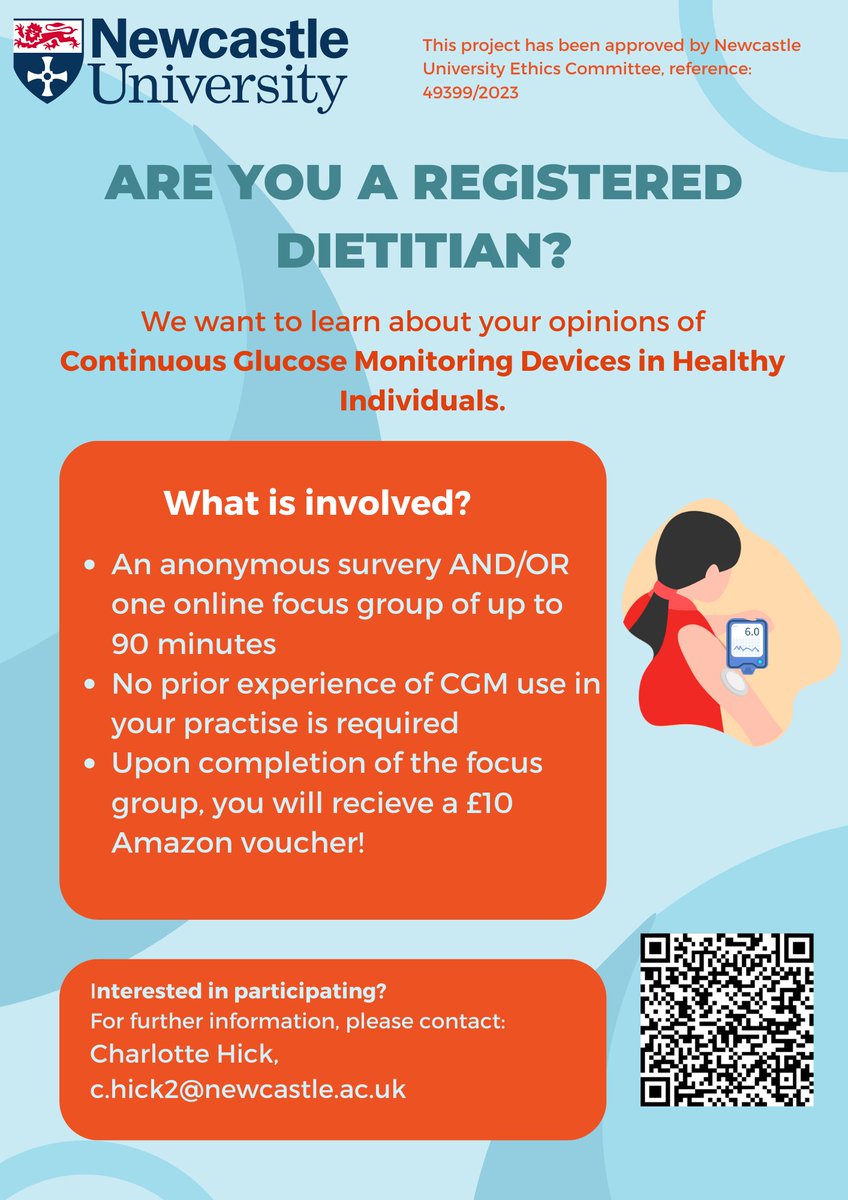 Are you a registered #dietitian and would like to contribute to research?

One of our final year students, Charlotte, would love to hear your opinions on the use of Continuous Glucose Monitoring among healthy individuals. 

Follow this link for the survey: lnkd.in/gcCudbHZ