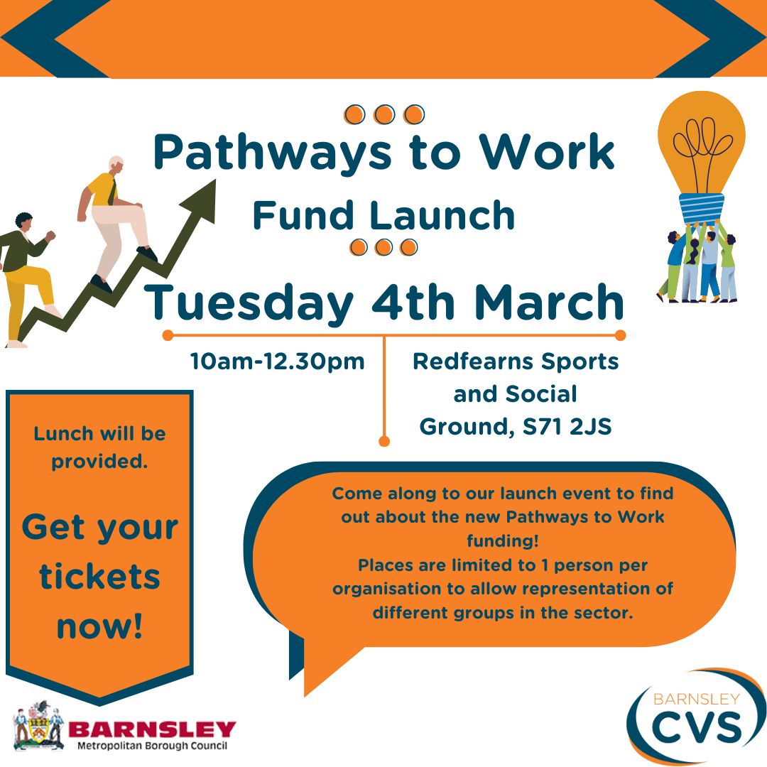Come along to our launch event on the 4th March!
The Pathways to Work funding is an exciting new fund for the VCSE sector to explore barriers around economic inactivity.
Get your tickets here: buytickets.at/barnsleycvs1/1…