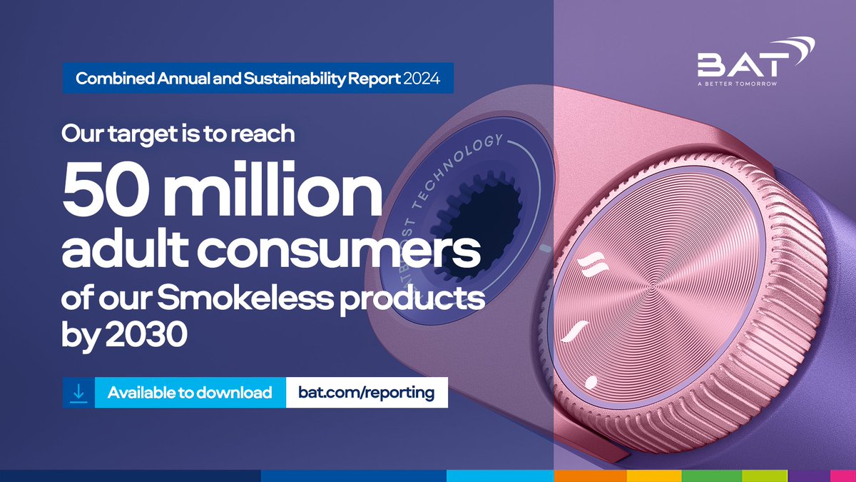 Our goal is to reach 50 million consumers of Smokeless products by 2030*. ​

Learn more about our progress in the Combined Annual and Sustainability Report 2024: ow.ly/9rqZ50V2AgJ.

#SmokelessWorld #ABetterTomorrow

*Refer to the cautionary statement on p.447 of the report