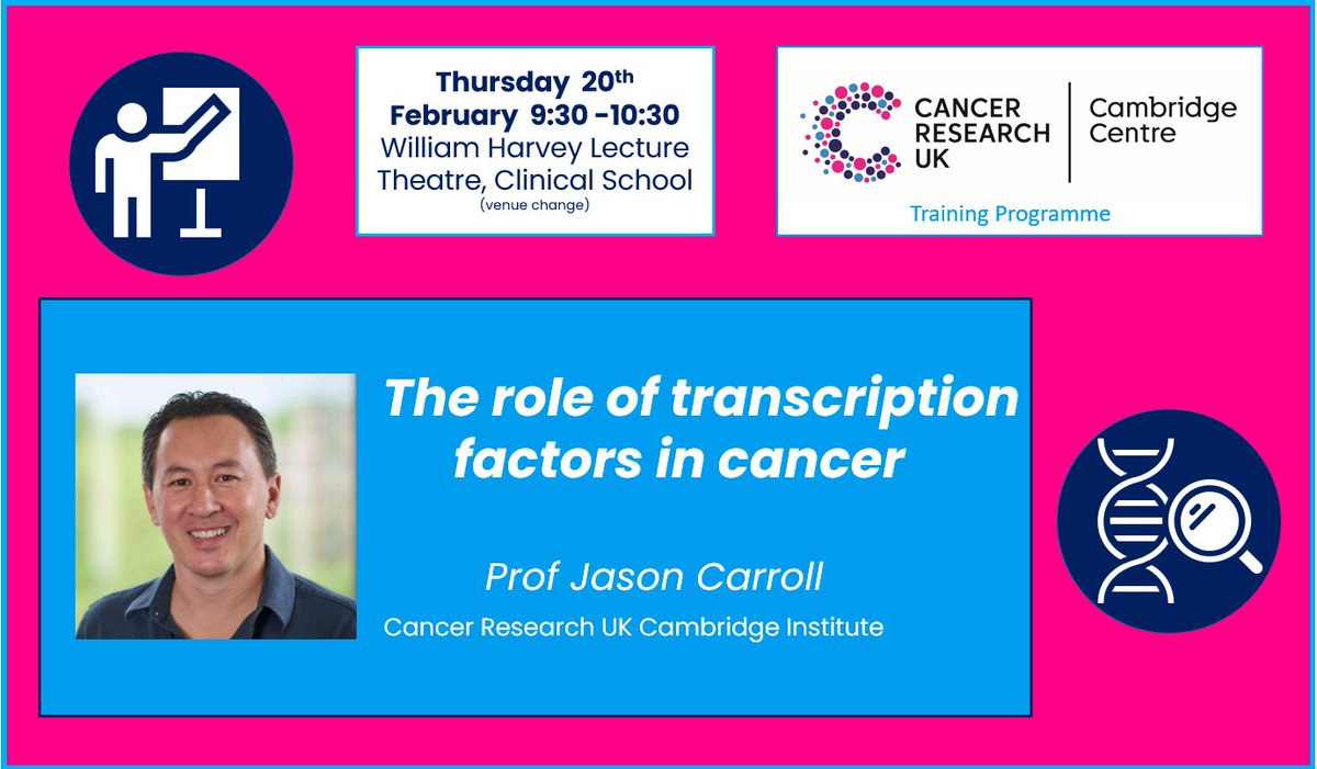 CRUK Cambridge Centre (@crukcamcentre) on Twitter photo 📢 Don’t miss our next Cancer Biology and Medicine talk tomorrow!
The role of transcription factors in cancer
Prof Jason Carroll <a href="/CRUK_CI/">CRUK Cambridge Institute</a>
Thurs 20 Feb, 9:30-10:30
WH lecture theatre, School of Clinical Medicine <a href="/CamBioCampus/">Cambridge Biomedical Campus</a>
All welcome <a href="/clinical_hr/">Clinical School HR</a> 📢 Don’t miss our next Cancer Biology and Medicine talk tomorrow!
The role of transcription factors in cancer
Prof Jason Carroll <a href="/CRUK_CI/">CRUK Cambridge Institute</a>
Thurs 20 Feb, 9:30-10:30
WH lecture theatre, School of Clinical Medicine <a href="/CamBioCampus/">Cambridge Biomedical Campus</a>
All welcome <a href="/clinical_hr/">Clinical School HR</a>