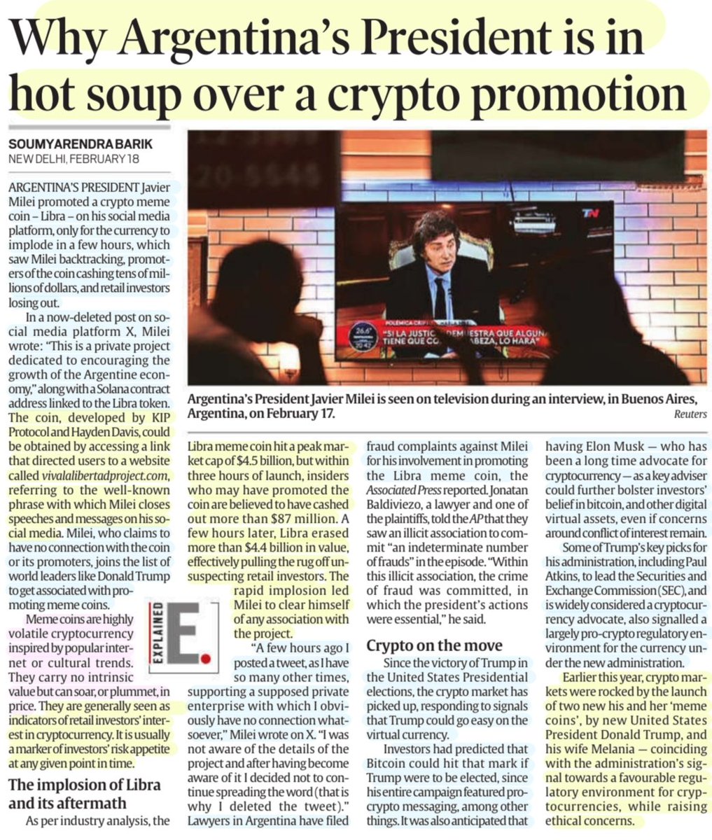 imRavikantYadav's tweet photo. 'Why Argentina's President is in hot soup over a crypto promotion'

#LIBRA #MEMECoin hit peak market cap of $4.5bn,few hrs later $4.4bn in value was erased

:Details by Sh Soumyarendra Barik
@imsoumyarendra 

#Milei #Argentina #President 
#Memecoins #LibraFail 

#UPSC 
Source:IE https://t.co/jjjXGfgYLr