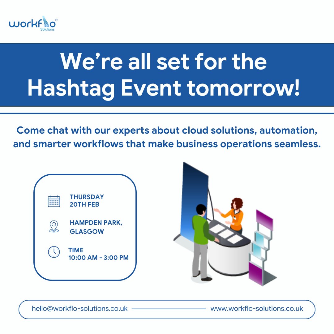 Workflo_sol's tweet image. From Managed Print &amp;amp; IT Support to Cloud &amp;amp; Document Management, we’ve got the solutions to future-proof your business. Meet us at #HashtagEvent in Glasgow tomorrow and see how our end-to-end business solutions can boost efficiency and security while cutting costs.