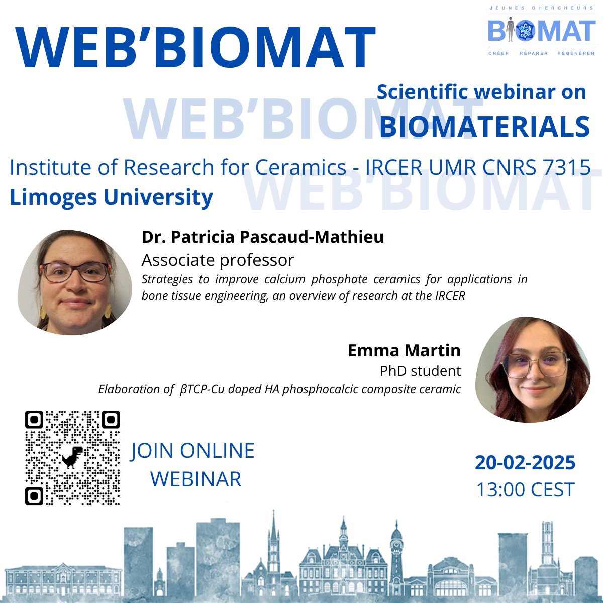 D-1 before WEB'BIOMAT! RDV  02-20-2025 at 1pm with Patricia Pascaud and Emma Martin from IRCER who will be sharing us around their research. More informations below 👇

To register 👉 click on the QR code below or on the following link : lnkd.in/eQqnbYNQ