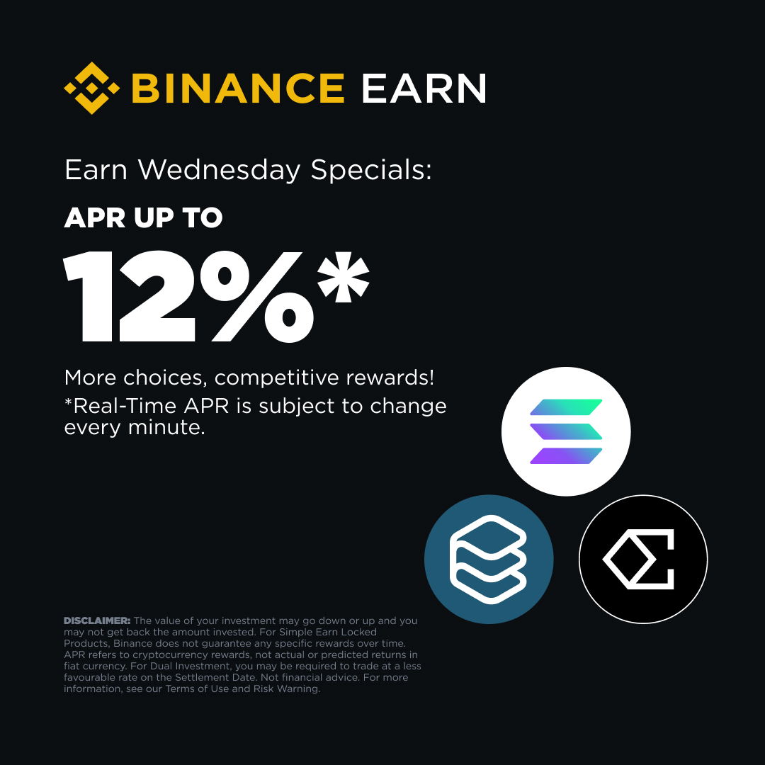 binance's tweet image. It’s Earn Wednesday on #Binance, and we’re dropping limited-time offers with up to 12% APR! 

Explore now ➡️ binance.com/en/support/ann…