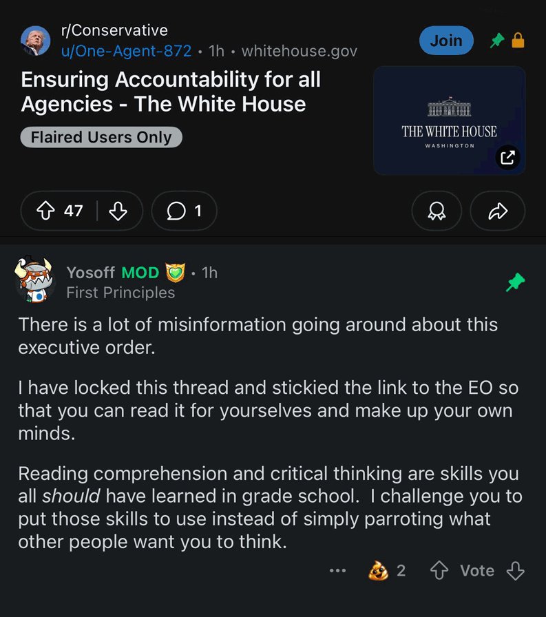 stevearkwright's tweet image. How *bad* is it?  whitehouse.gov/presidential-a…

Trump seeks MAGA political operatives&apos; total control over non-political/non-partisan agencies.

EO comes direct from Project 2025 manifesto.  A powergrab + overreach.

Main Conservative forum on Reddit closed all discussion of the Order: