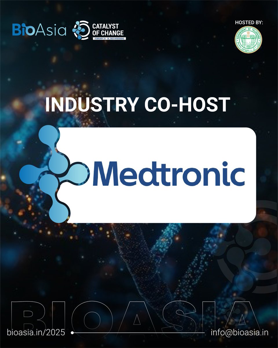 We are pleased to announce Medtronic as our Industry Co-host for the 22nd edition of #BioAsia.

Date: 25th-26th February 
Location: HICC, Hyderabad

+91 98105 12348 | bioasia.in/2025/

<a href="/ShakthiNagappan/">Shakthi Nagappan</a> <a href="/TGLifesciences/">Telangana Life Sciences</a> <a href="/Medtronic/">Medtronic</a>