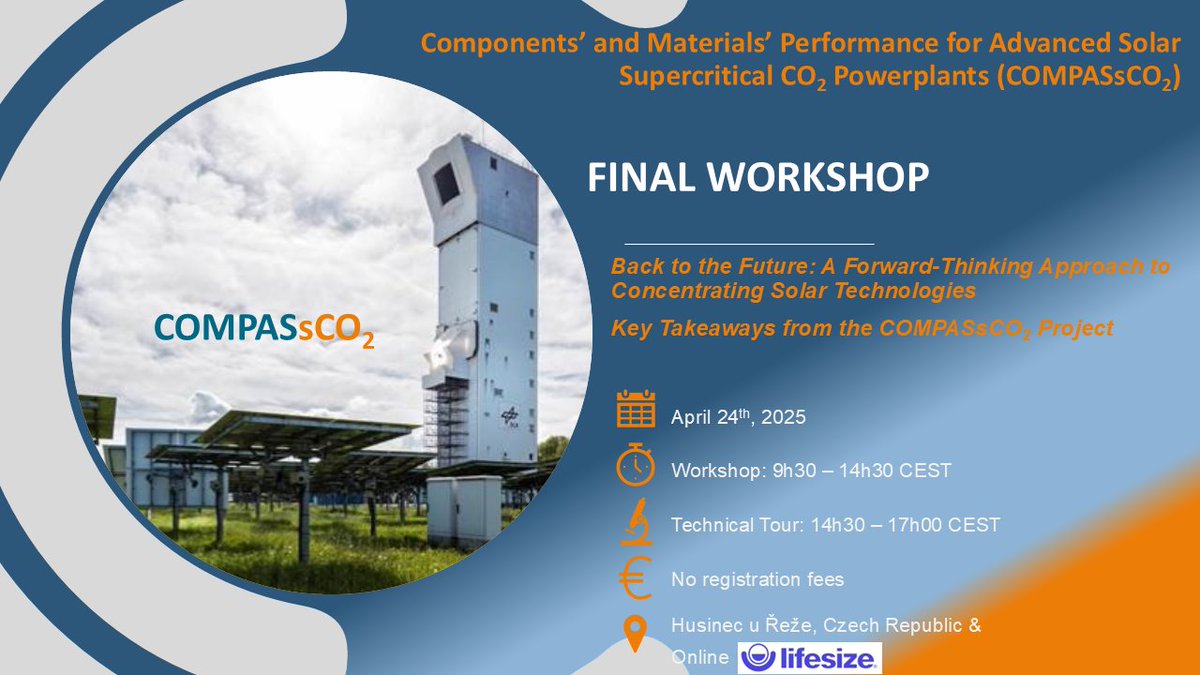 COMPASsCO2 (@co2compa) on Twitter photo Final COMPASsCO₂ Workshop! 
📅 24 April 2025 | 🕤 09:30 – 17:00 CEST
 📍 Hybrid: On-site (near Prague) & Online 
Discuss the future of sCO₂power generation: efficiency, materials, industrial applications & more.
Agenda compassco2.eu/wp-content/upl…
Register forms.office.com/Pages/Response… Final COMPASsCO₂ Workshop! 
📅 24 April 2025 | 🕤 09:30 – 17:00 CEST
 📍 Hybrid: On-site (near Prague) & Online 
Discuss the future of sCO₂power generation: efficiency, materials, industrial applications & more.
Agenda compassco2.eu/wp-content/upl…
Register forms.office.com/Pages/Response…
