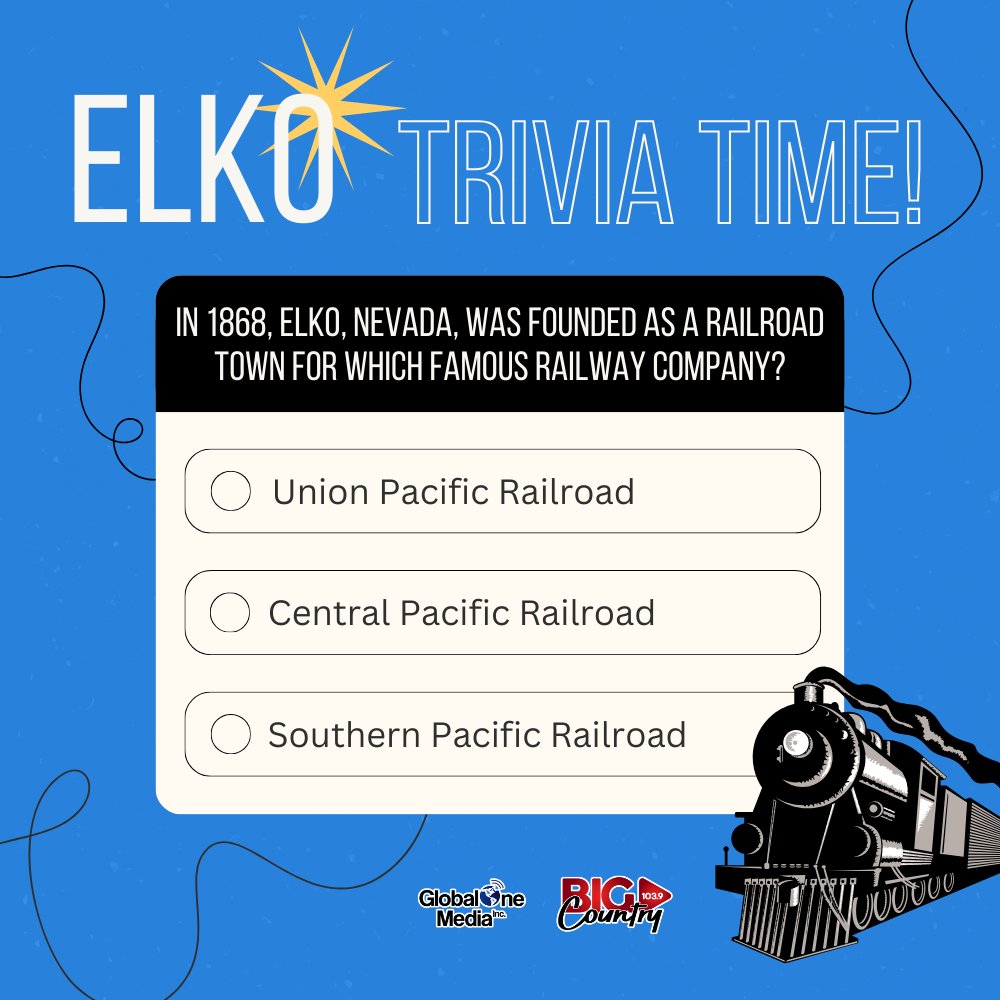 Elko was founded in 1868, but do you know which famous railway company played a key role in its creation? Drop your answers in the comments! 🛤️ #ElkoTrivia #GlobalOneMediaInc