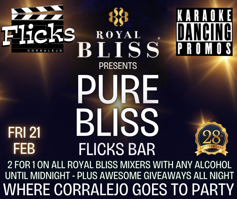 FlicksBar's tweet photo. PURE BLISS at Flicks Bar this Friday!  
2-for-1 Royal Bliss mixers with any alcohol until midnight.  
Sing karaoke &amp; dance to tunes spun by our resident DJ.  
Amazing giveaways all night!  

Located on the top floor of the Atlantico Centre.  
#Corralejo #Fuerteventura https://t.co/QXgn1H5O7R
