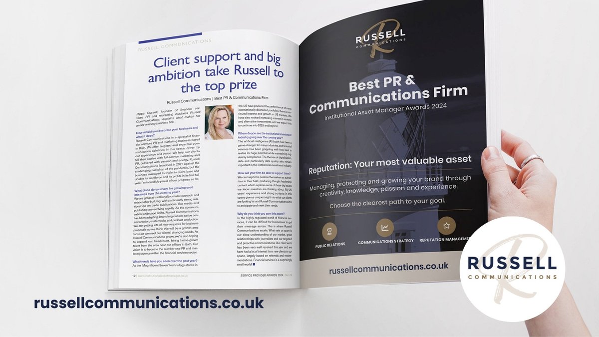 Russell Communications (@russellcomms) on Twitter photo Last month, after winning 'Best PR and Communications Firm,' our communicator-in-chief @pipparcomms spoke with Beverly Chandler at <a href="/InsAssetManager/">InstAssetManager</a> about our business growth, trends in asset management, future outlooks & effective PR
🚀
institutionalassetmanager.co.uk/client-support…
#russellcomms #pr Last month, after winning 'Best PR and Communications Firm,' our communicator-in-chief @pipparcomms spoke with Beverly Chandler at <a href="/InsAssetManager/">InstAssetManager</a> about our business growth, trends in asset management, future outlooks & effective PR
🚀
institutionalassetmanager.co.uk/client-support…
#russellcomms #pr