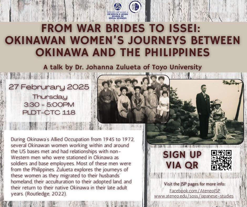 Johanna O. Zulueta (@dr_hannazu) on Twitter photo I’ll be giving a talk based on my recent monograph on 27 February at the Ateneo de Manila University <a href="/ateneodemanilau/">Ateneo de Manila University</a> This is hosted by the Japanese Studies Program. #warbrides #okinawa #Philippines #Migration I’ll be giving a talk based on my recent monograph on 27 February at the Ateneo de Manila University <a href="/ateneodemanilau/">Ateneo de Manila University</a> This is hosted by the Japanese Studies Program. #warbrides #okinawa #Philippines #Migration