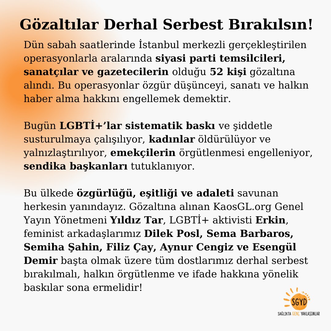 Gözaltılar Derhal Serbest Bırakılsın!

Bugün LGBTİ+’lar sistematik baskı ve şiddetle susturulmaya çalışılıyor, kadınlar öldürülüyor ve yalnızlaştırılıyor, emekçilerin örgütlenmesi engelleniyor, sendika başkanları tutuklanıyor.
