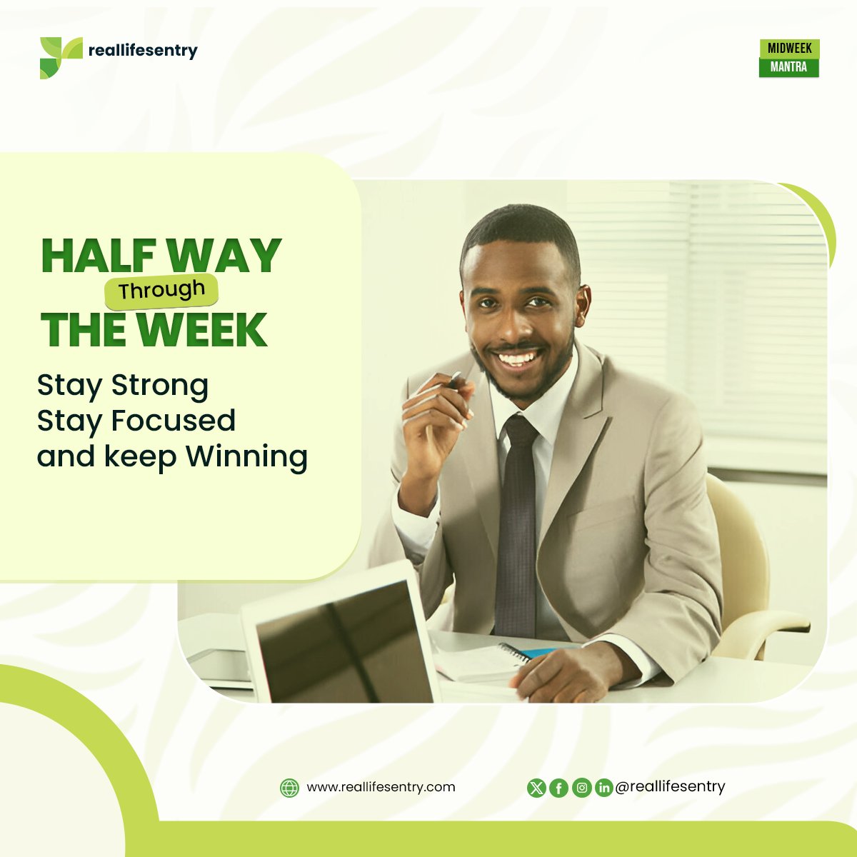 reallifesentry's tweet photo. You're halfway there! 💪 Stay strong, stay focused and keep pushing forward. The best is yet to come! 🚀 #MidweekMantra #Realifesentry #StayWinning https://t.co/2WAyaXa966