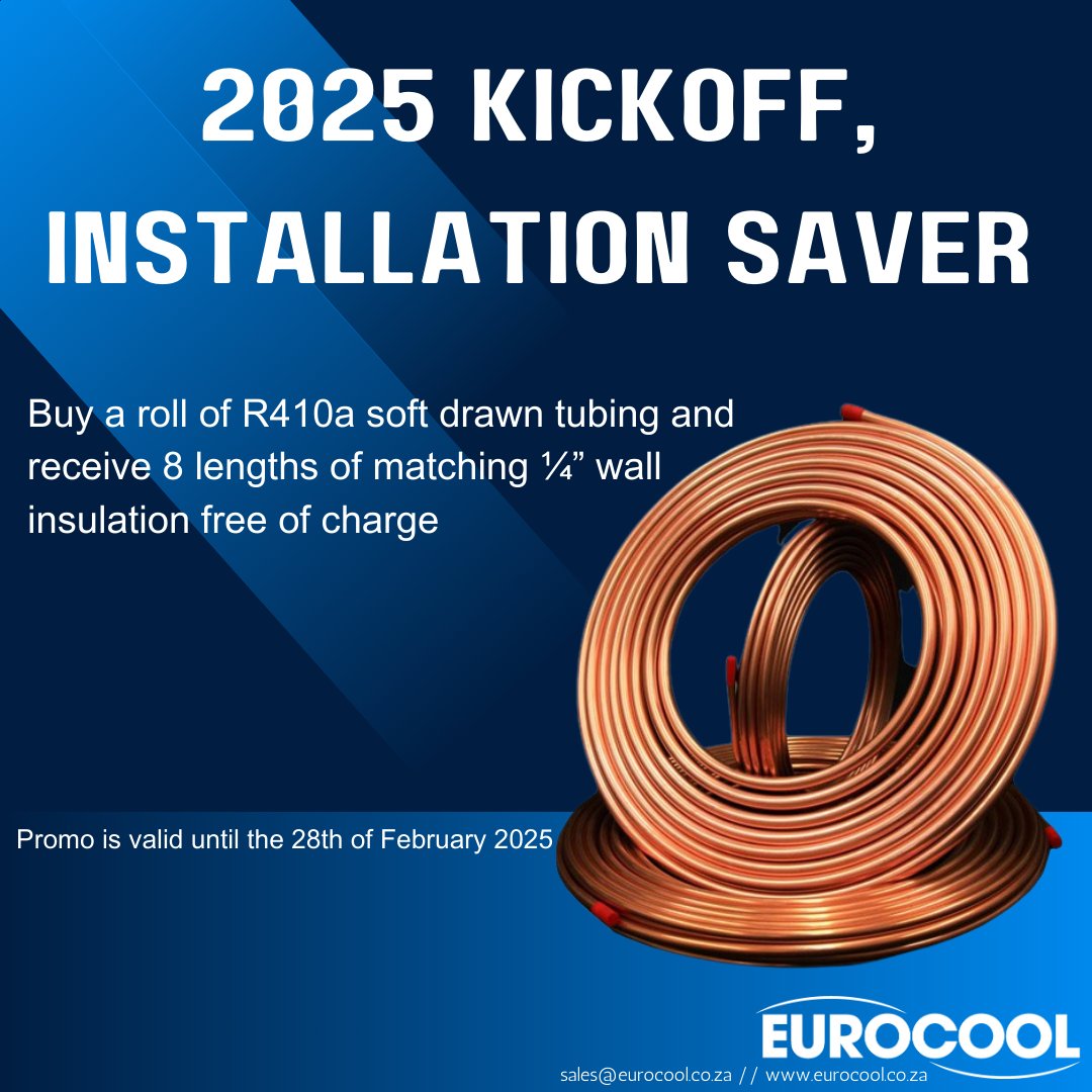 Time is ticking!⏳
Don’t miss out on our 2025 Kickoff Installation Saver!
Buy a roll of R410a soft drawn tubing and get 8 lengths of matching ¼” wall insulation FREE!
Promo ends February 28, 2025—grab yours now!
📩 sales@eurocool.co.za | 🌍 eurocool.co.za
#Eurocool #HVAC