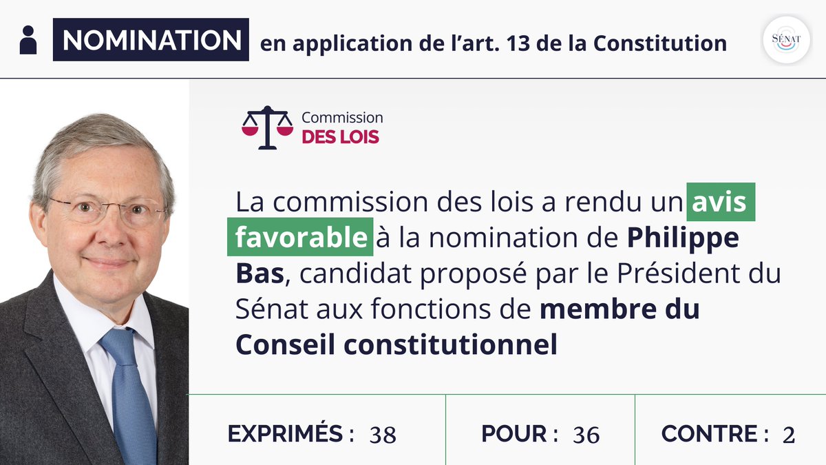 Sénat (@senat) on Twitter photo 📢 La commission des lois a rendu un avis favorable à la nomination de Philippe Bas (<a href="/BasPhilippe/">Philippe Bas</a>) en tant que membre du Conseil constitutionnel (<a href="/Conseil_constit/">Conseil constit</a>).
#ComLoisSénat 📢 La commission des lois a rendu un avis favorable à la nomination de Philippe Bas (<a href="/BasPhilippe/">Philippe Bas</a>) en tant que membre du Conseil constitutionnel (<a href="/Conseil_constit/">Conseil constit</a>).
#ComLoisSénat