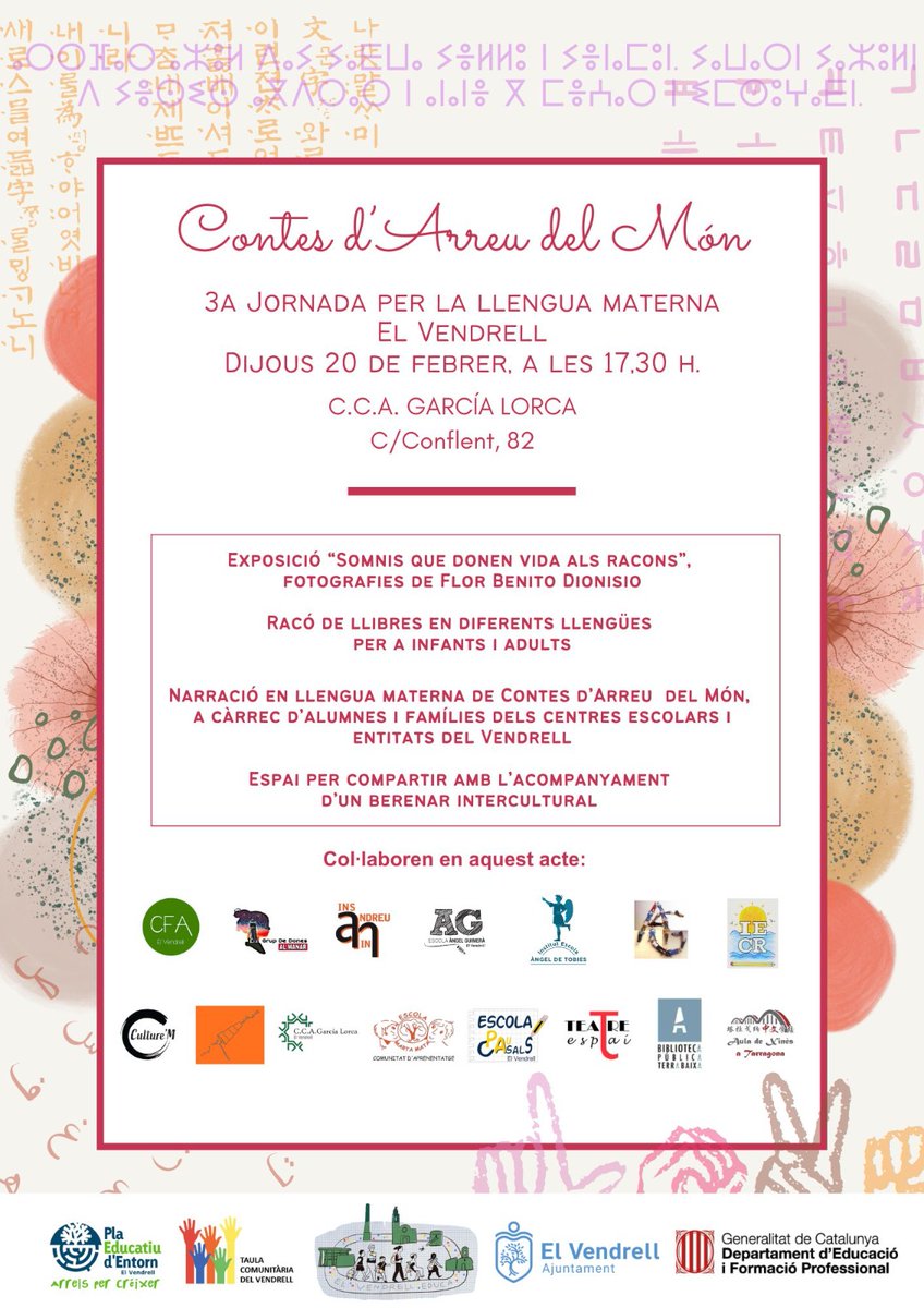 Demà en homenatge a la llengua materna podrem escoltar contes en portuguès, ioruba, anglès, àrab, polonès, xinès, romanès i castellà, de la mà d'alumnes i famílies del municipi. Una mostra de la riquesa cultural del municipi. Us hi esperem! <a href="/elvendrell_cat/">Ajuntament del Vendrell</a> #elic <a href="/BiblioVendrell/">Biblioteca del Vendrell</a>