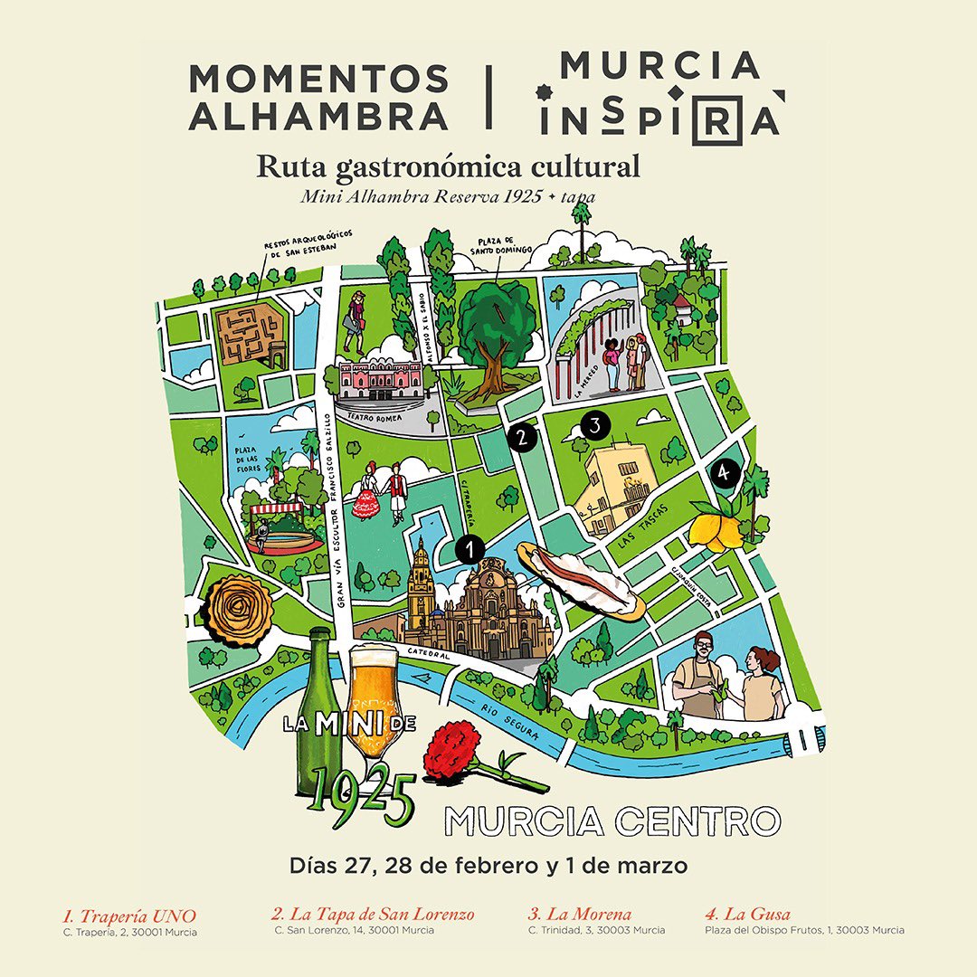🚨SORTEO🚨

¡Vuelve la #RutaGastro! 🥳

¿Te gustaría poder hacer la #RutaGastronómicaCultural de forma guiada? 👀🤩

Participa en el sorteo activo en Facebook e Instagram y disfruta de este #MomentosAlhambra de manera guiada. 🙌🏻

#MurciaInspira #MomentosAlhambra #CervezasAlhambra