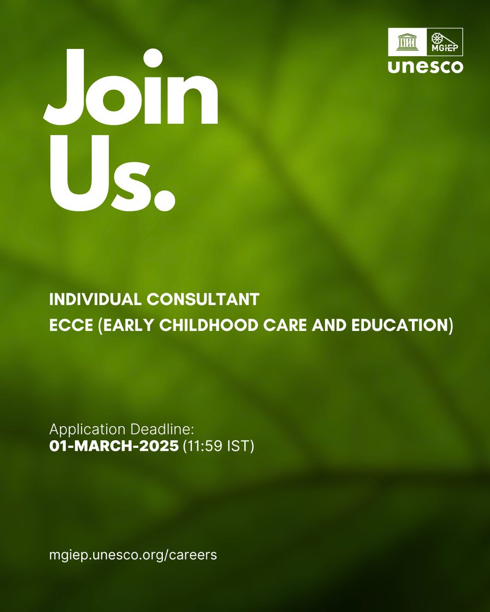 💼We are seeking an Individual Consultant for ECCE (Early Childhood Care and Education)

👉Follow the link for more details: mgiep.unesco.org/careers

Let's work together to change the education landscape.

#hiring #unescomgiep #uncareers #education #Jobs #unjobs