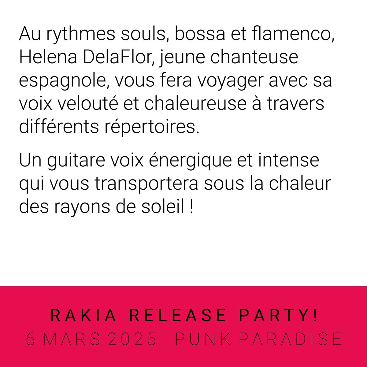 rakiamusique's tweet photo. Venez découvrir #HelenaDelaflor le 6 mars à 20h au @PunkParadise_ 🔥🎸 https://t.co/AXndWy95Ez
