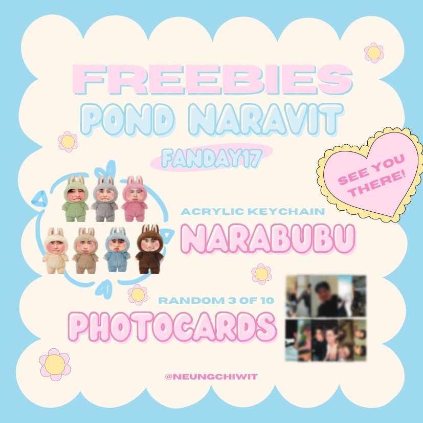 FREEBIES by <a href="/neungchiwit/">แรณ</a> 
POND NARAVIT FANDAY17 in Jakarta

• Narabubu Acrylic Keychain
• Pond Naravit Unofficial Photocards

📅 22 February 2025
📍Bekasi Convention Center

#PONDFANDAYxJAKARTA 
#GMMTVFanDay17
#ppnaravit