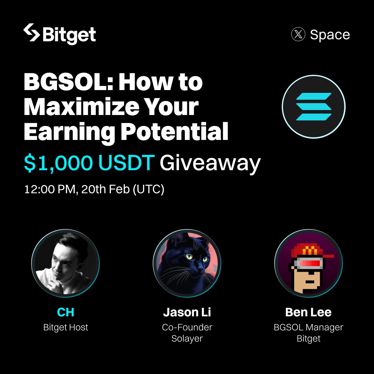 bitget's tweet photo. Want to maximize your earning potential? Let's talk! 

Join our X Space on Feb 20, 12:00 PM UTC and learn how make it with #BGSOL 🔥

💰 1,000 $USDT Giveaway (20 winners) 
🔹Follow @bitgetglobal + RT 
🔹Tune in: https://t.co/ZUO834V93F
🔹Drop a screenshot of you in the Space https://t.co/7gGoXuKta6