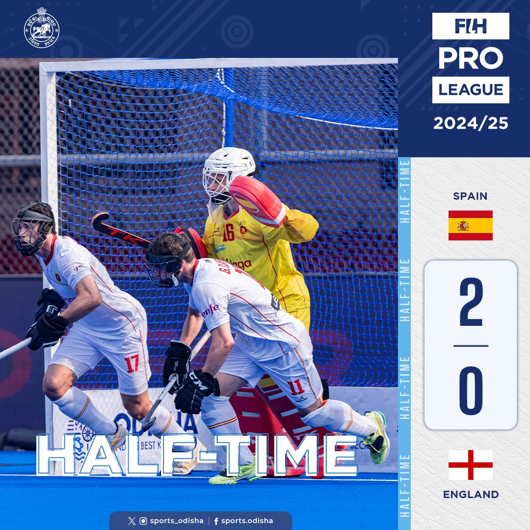 sports_odisha's tweet image. | 𝗛𝗔𝗟𝗙𝗧𝗜𝗠𝗘 | 🏑

@rfe_hockey is leading by two goals against @EnglandHockey at the end of the first half.

HT: 🇪🇸 ESP 2️⃣-0️⃣ ENG 🏴󠁧󠁢󠁥󠁮󠁧󠁿

#FIHProLeague #ESPENG #OdishaForHockey #IndiaKaGame #KalingaStadium