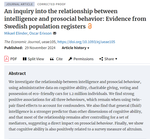 EJ_RES's tweet photo. Forthcoming in EJ: An inquiry into the relationship between intelligence and prosocial behaviour: Evidence from Swedish population registers’ by Mikael Elinder, Oscar Erixson https://t.co/pk1NdebZYd @ElinderMikael @RoyalEconSoc @OxfordJournals #EconTwitter https://t.co/4raR1Rc2LP