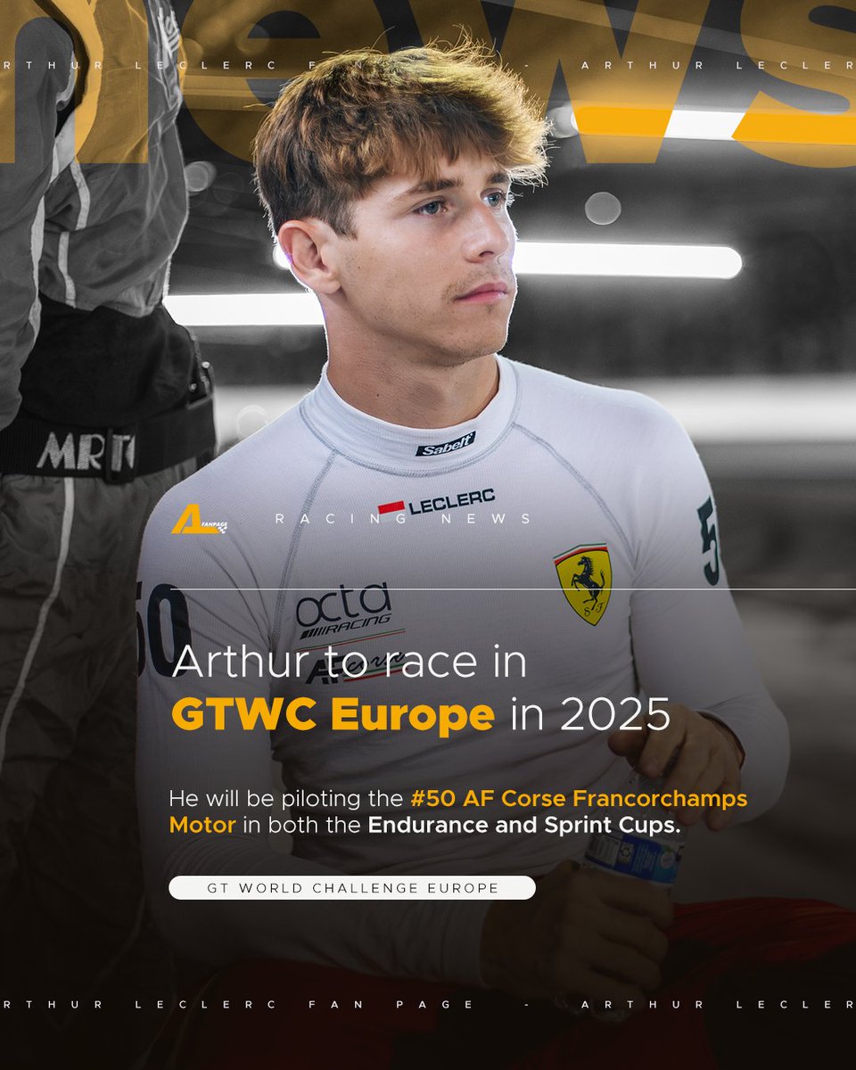 CONFIRMED ‼️

It's #GTWCEU for 2025! Arthur will be sharing the #50 Ferrari 296 GT3 with Antonio Fuoco and Eliseo Donno in the Endurance Cup; and with Thomas Neubauer in the Sprint Cup.

📸: Ferrari