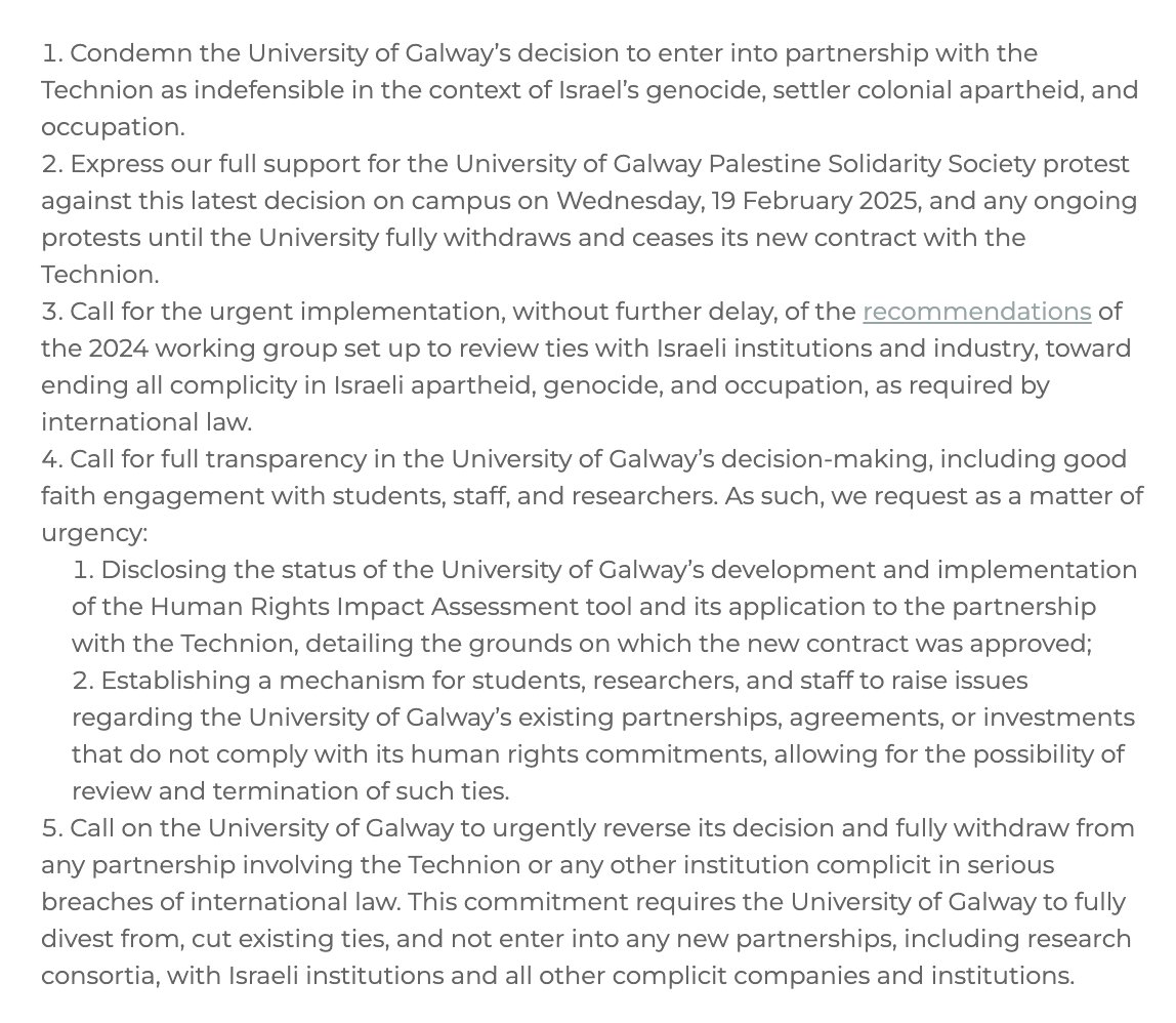 Academics for Palestine (@acaforpalestine) on Twitter photo Our statement calling on <a href="/uniofgalway/">Ollscoil na Gaillimhe | University of Galway</a> to reverse its decision to lead a new project with the Technion, Israel's Institute of Technology, a deeply complicit university, “an essential cog in the Israeli war machine, a pillar of hard-line Israeli policy” Our statement calling on <a href="/uniofgalway/">Ollscoil na Gaillimhe | University of Galway</a> to reverse its decision to lead a new project with the Technion, Israel's Institute of Technology, a deeply complicit university, “an essential cog in the Israeli war machine, a pillar of hard-line Israeli policy”