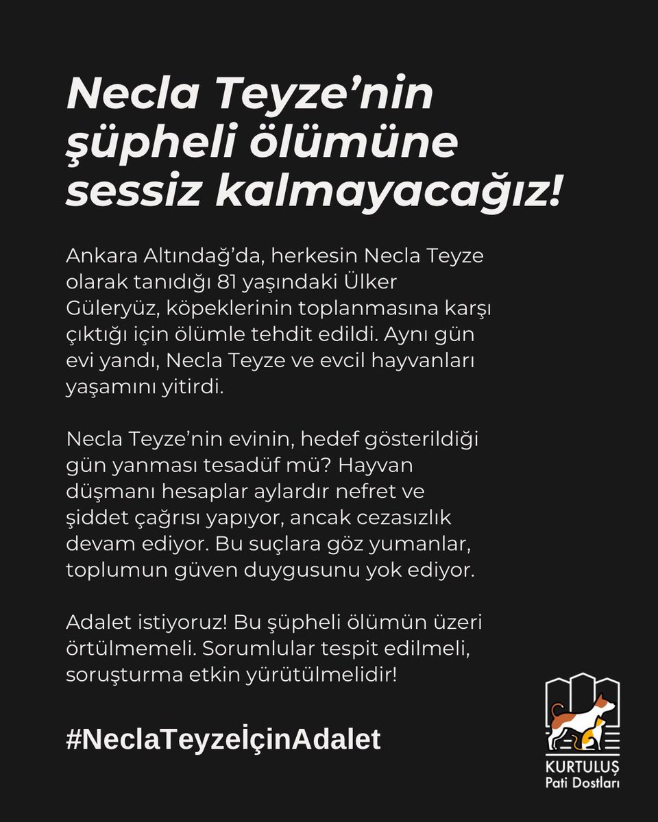 Necla Teyze’nin şüpheli ölümüne sessiz kalmayacağız!
Adalet istiyoruz! Bu şüpheli ölümün üzeri örtülmemeli. Sorumlular tespit edilmeli, soruşturma etkin yürütülmelidir!
#NeclaTeyzeİçinAdalet