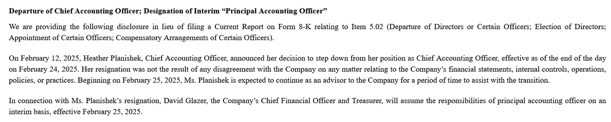 Of course $PLTR hides the departure of Chief Accounting Officer Heather Planishek in their 10-k filing.. because nobody ever reads those.