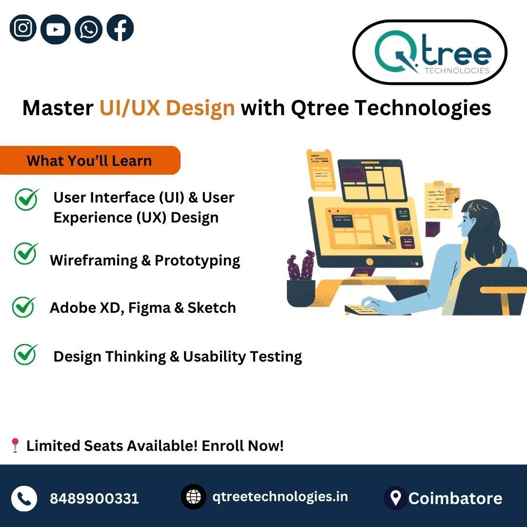 Qtreetech's tweet image. Elevate your skills, craft compelling digital journeys, and shape the future of user interaction. 
Join us on the path to mastering UI/UX design
call us at 8489900331 or mail to info@qtreetechnologies.com
#uiuxtrainingincoimbatore #uiuxcourse #BackendDevelopment #uiuxSkills