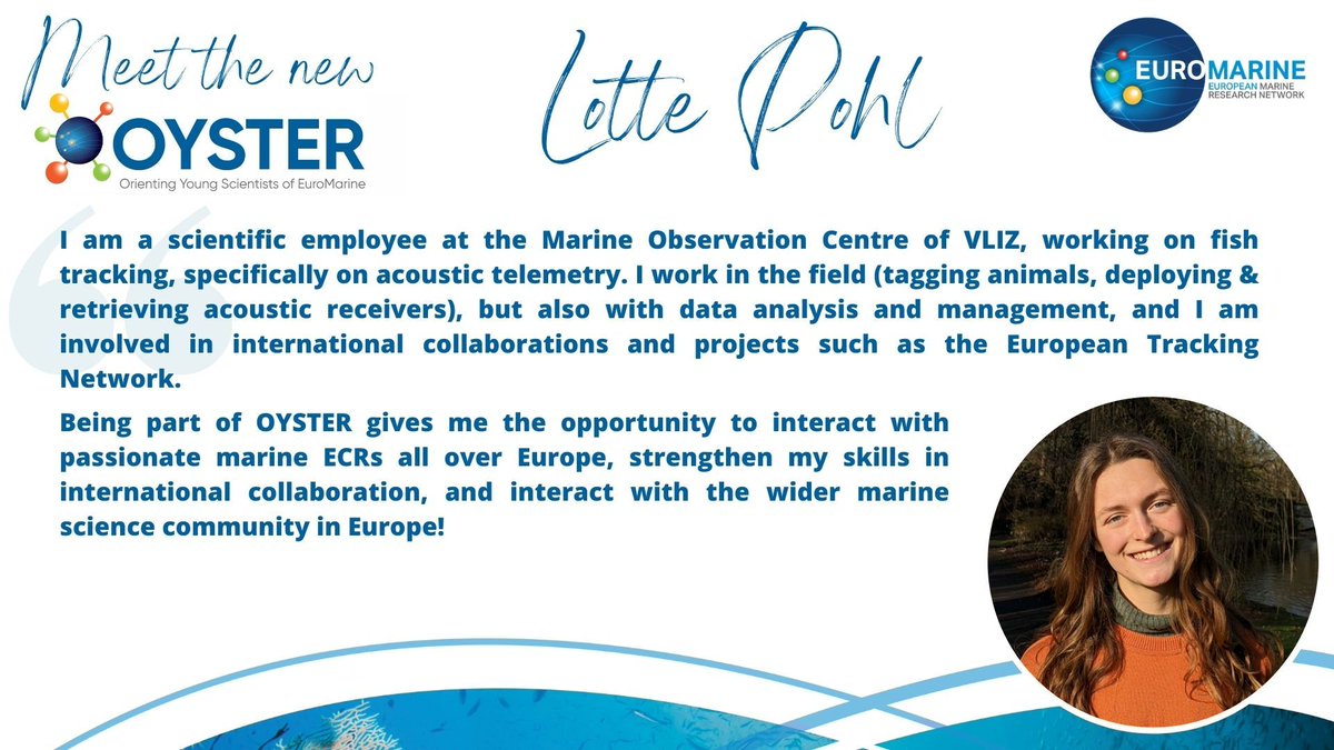 EM_OYSTER's tweet image. Say hello to our new @EM_OYSTER member, Lotte Pohl (@lottepohl)! 
She is an early Career Researcher at Flanders Marine Institute - VLIZ (@VLIZnews) in Ostend, Belgium​.

#trackingnotslacking #elasmobranchs ​#acoustictelemetry 👂🎙️🐟