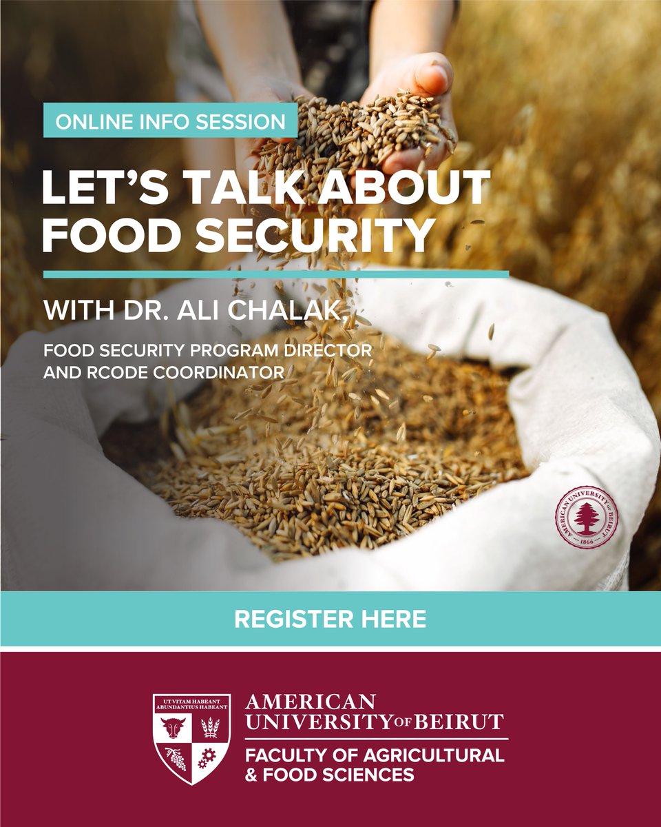 AUB_FAFS (@aub_fafs) on Twitter photo Let's talk about Food Security!
Join Dr. <a href="/AliChalak3/">Ali Chalak</a> , Food Security Program Director & RCODE Coordinator, for an exclusive online info session.
- Tuesday, Feb 25 at 4:00 PM (Beirut Time)
Register now: docs.google.com/.../1FAIpQLSds… Let's talk about Food Security!
Join Dr. <a href="/AliChalak3/">Ali Chalak</a> , Food Security Program Director & RCODE Coordinator, for an exclusive online info session.
- Tuesday, Feb 25 at 4:00 PM (Beirut Time)
Register now: docs.google.com/.../1FAIpQLSds…