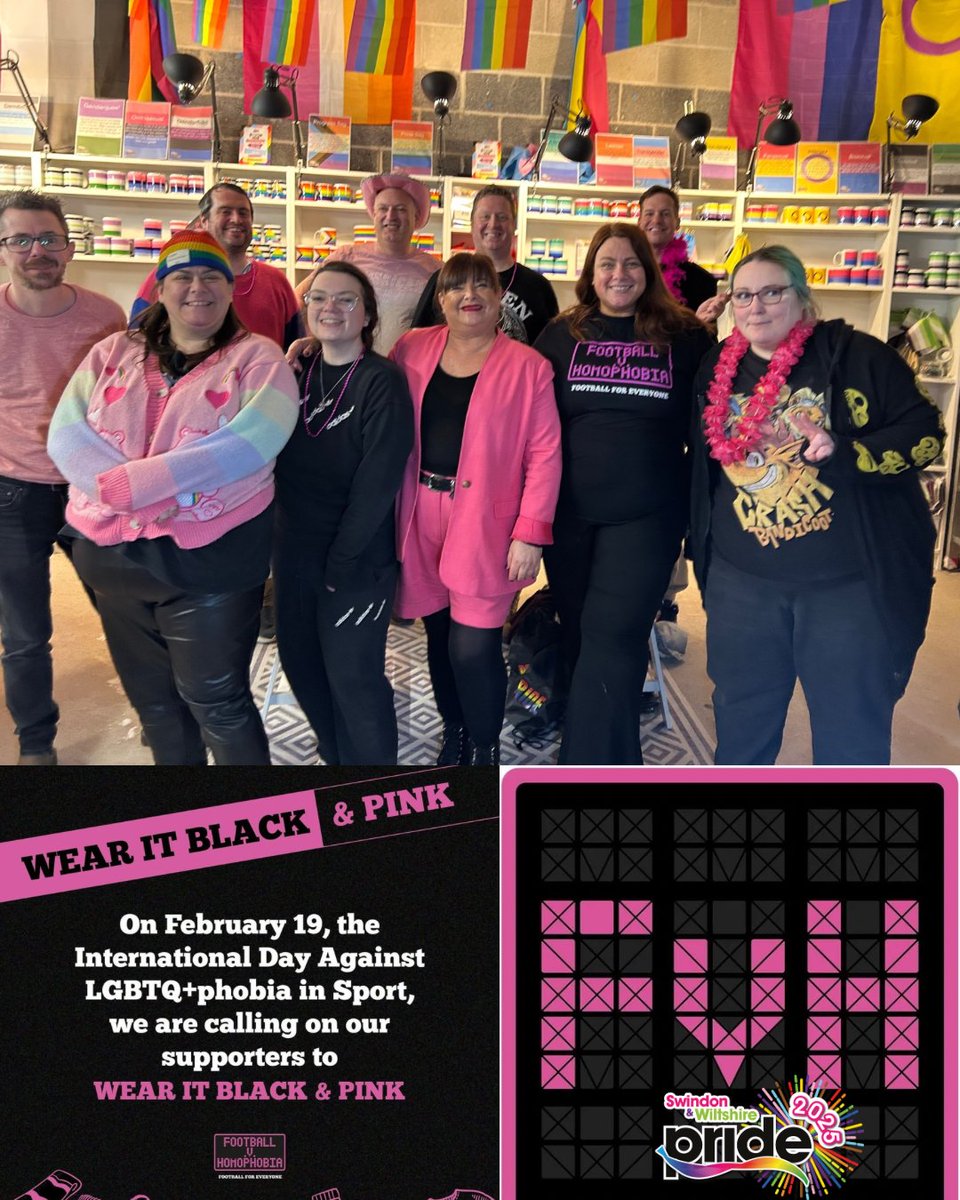 Swindon and Wiltshire Pride wear black and pink today on the International Day against LGBTQIA+phobia in sports! 
We are lucky to work with our amazing local sports teams when it comes to stamping out the hate and we will continue to keep sharing and educating as a pride charity!